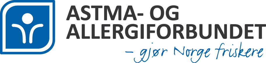 Logo for Astma- og Allergiforbundet, med et blått ikon av en stilisert person og teksten ASTMA- OG ALLERGIFORBUNDET - gjør Norge friskere på norsk.