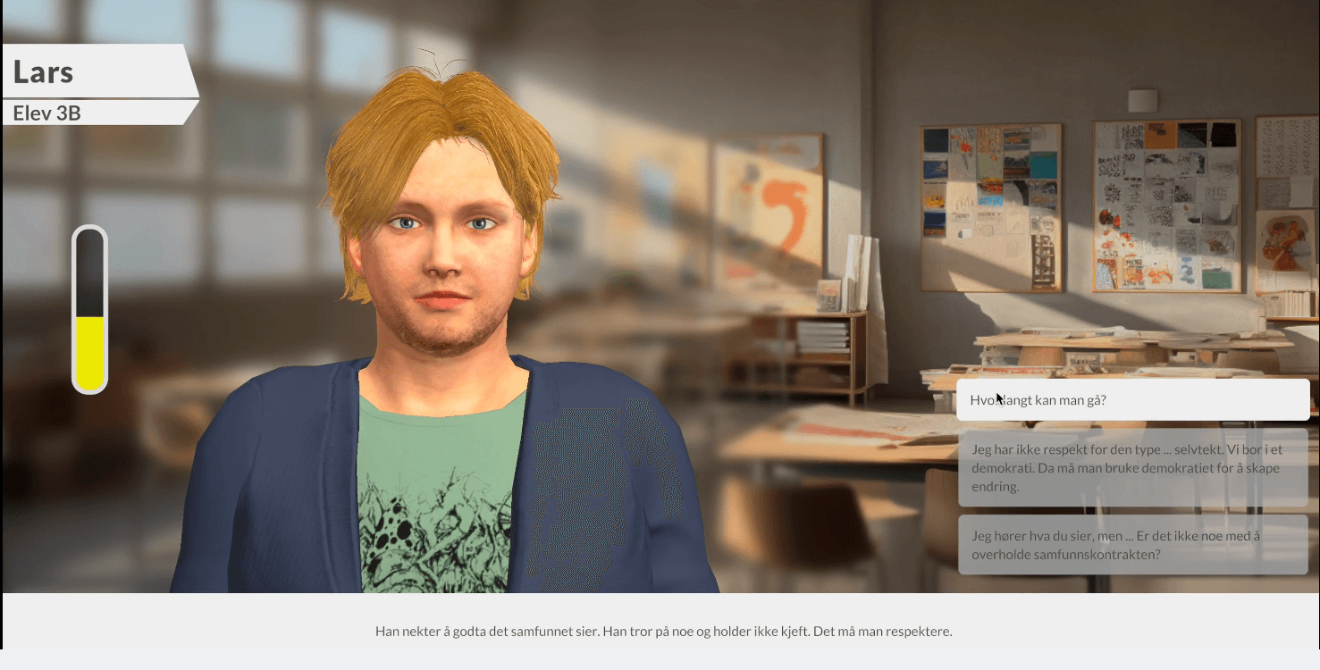 En blond student ved navn Lars står i et klasserom med kunst på veggene. Dialogbokser viser en samtale om respekt, demokrati og samfunnsregler. En hvit tekstlinje nederst gir narrativ kontekst på norsk.